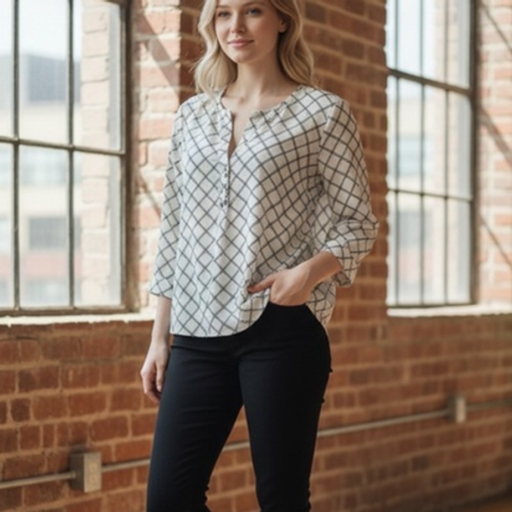JOIE Blouse Womens L White Silk V-Neck Button Relaxed Check Pattern Top